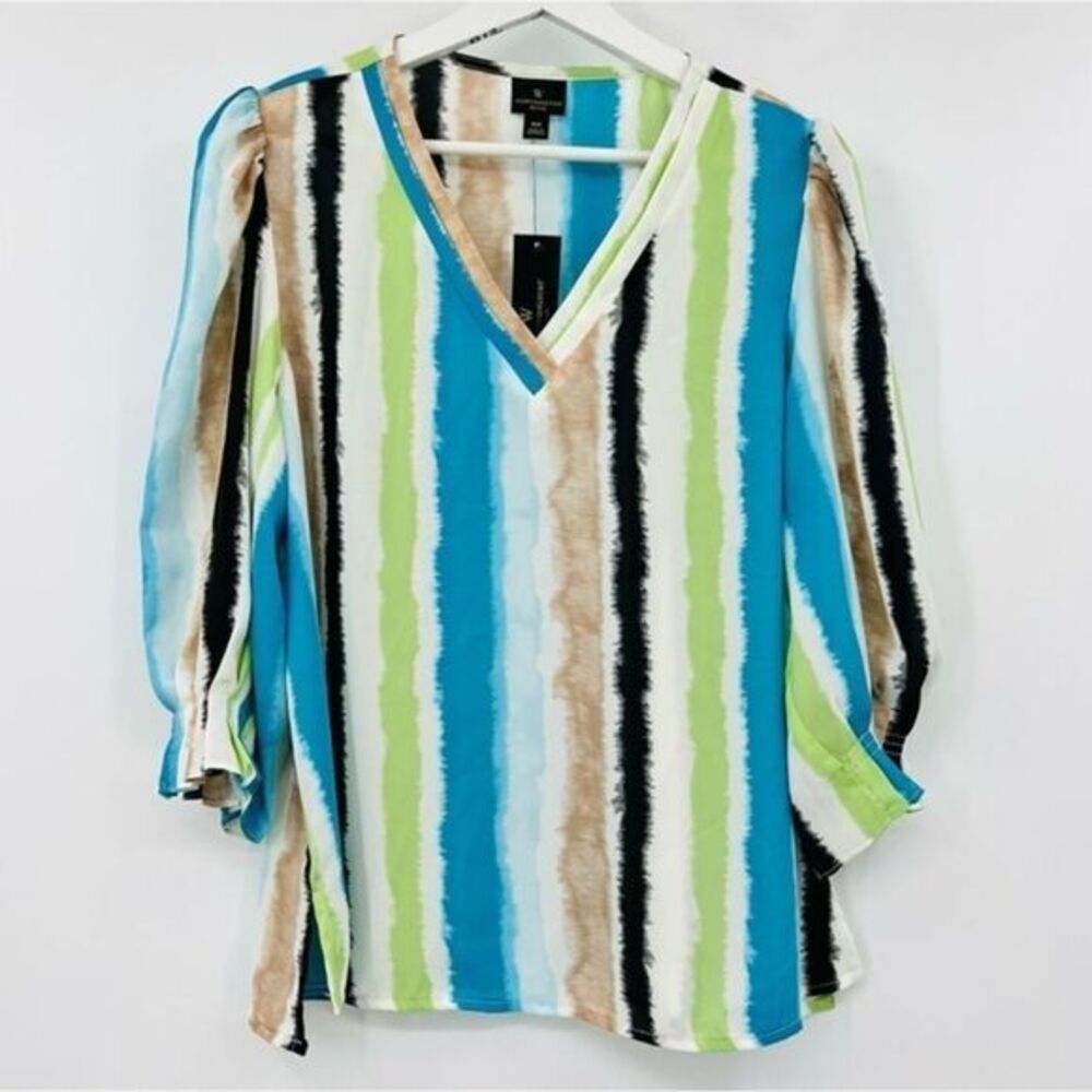 Worthington Petite Multicolor Stripes Bubble Sleeve Blouse Medium Petite New‎
